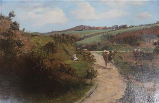 William Eadie Girl and cattle in an open landscape 29 x 44cm